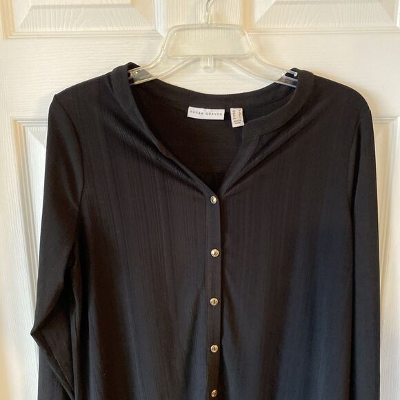 Susan Graver Blouse Women’s Size Medium Black Button Up V Neck - Picture 3 of 8